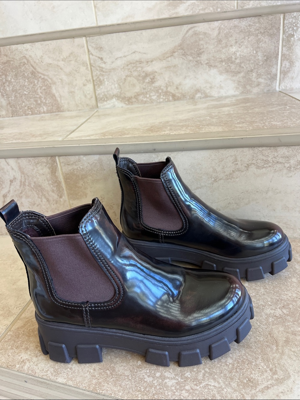 Women’s Dark Brown Patent Chunky Chelsea Booties